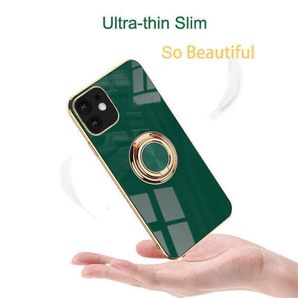 Dark Green Luxury Shockproof Silicone Ring Case Stand Cover for iPhone 14 13 12 Pro Max - Aimall