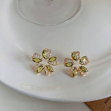 Luxury Olive Green Zircon Flower Earrings Fashion High-end Needle Earrings