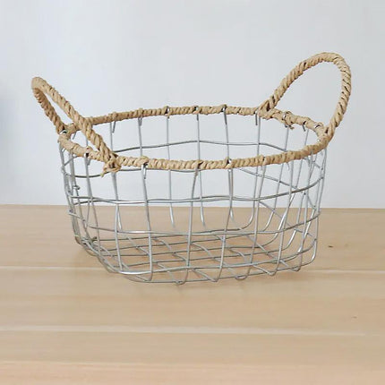 Handcrafted Iron Wire Storage Basket with Paper Rope Handles for Home Organization