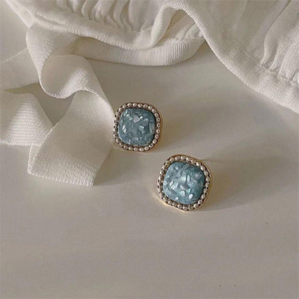 Vintage Green Square Geometric Stud Earrings Crushed Shell Jewelry for Women