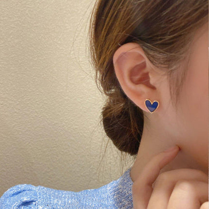 Small Fresh Blue Heart Earrings Retro Fashion Needle Women Jewelry Niche