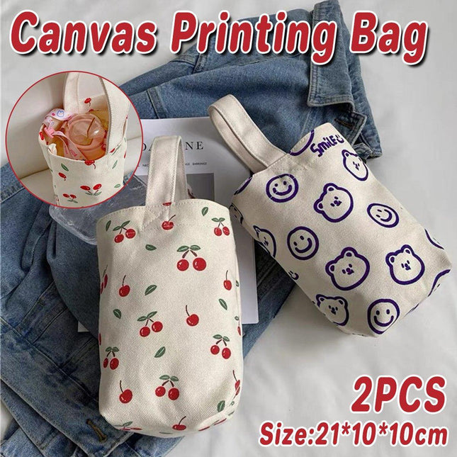 2pcs Cartoon Printed Canvas Bag Cute Casual Handbag Cup Holder Tote Bag Set