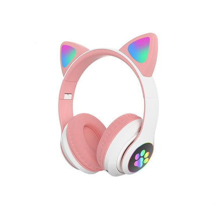 Wireless Headphones Cat Ear Bluetooth Over Ear Kids Headsets Foldable LED Lights - Aimall