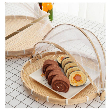 Bamboo Storage Basket with Mesh Cover for Fruit Vegetables Food Buns Kitchen