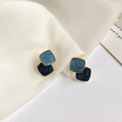 Fashion Blue Oil Drop Earrings Retro Style Black White Contrast Needle Jewellery