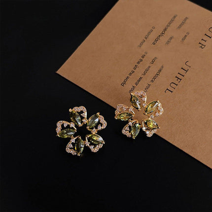 Luxury Olive Green Zircon Flower Earrings Fashion High-end Needle Earrings