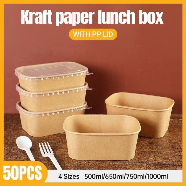50pcs Eco Friendly Kraft Paper Food Containers Lunch Boxes for Picnic Takeout