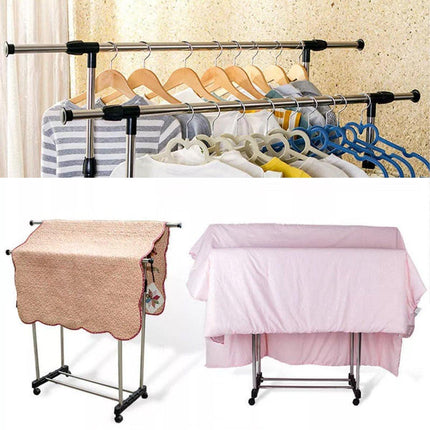Adjustable Double Clothes Rack Stainless Steel Garment Holder Coat Hanger Stand