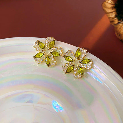 Luxury Olive Green Zircon Flower Earrings Fashion High-end Needle Earrings