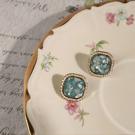 Vintage Green Square Geometric Stud Earrings Crushed Shell Jewelry for Women
