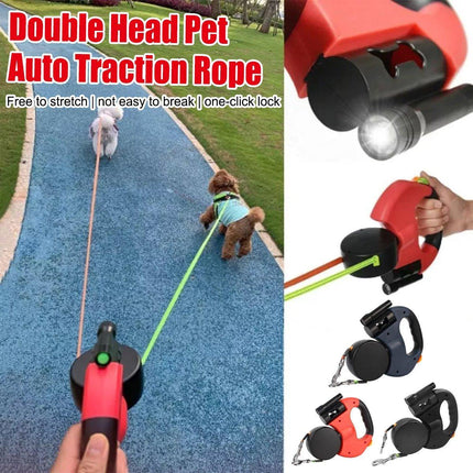 Retractable Lead Leash 360 Swivel Dual Doggie One-to-Two Traction Rope Pet Dog