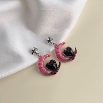 Elegant Pink Black Gradient Love Earrings Niche Design High-End Fashion Jewelry