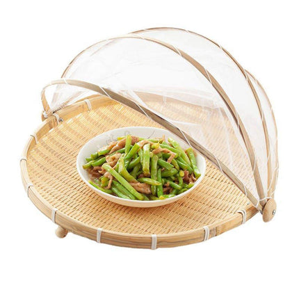 Bamboo Storage Basket with Mesh Cover for Fruit Vegetables Food Buns Kitchen