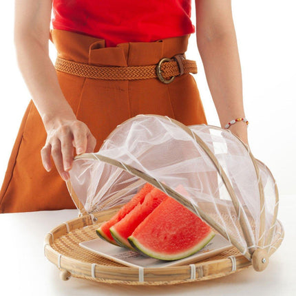 Bamboo Storage Basket with Mesh Cover for Fruit Vegetables Food Buns Kitchen