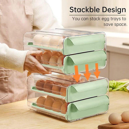 Double Layer Green Egg Storage Carton Drawer Fridge Organizer for Kitchen Use