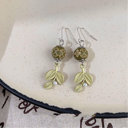 Chinese Leaf Art Earrings Vintage Style Jewelry for Women Fashion Accessory