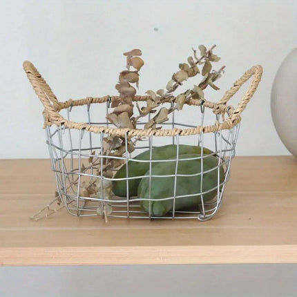 Handcrafted Iron Wire Storage Basket with Paper Rope Handles for Home Organization