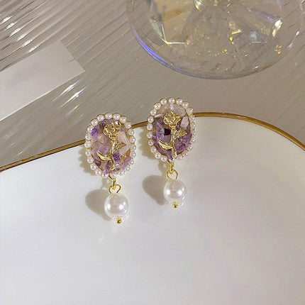 Vintage Rose Flower Earrings Oval Studs Elegant Jewelry for Women and Girls Gift