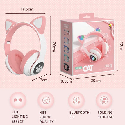 Wireless Headphones Cat Ear Bluetooth Over Ear Kids Headsets Foldable LED Lights - Aimall