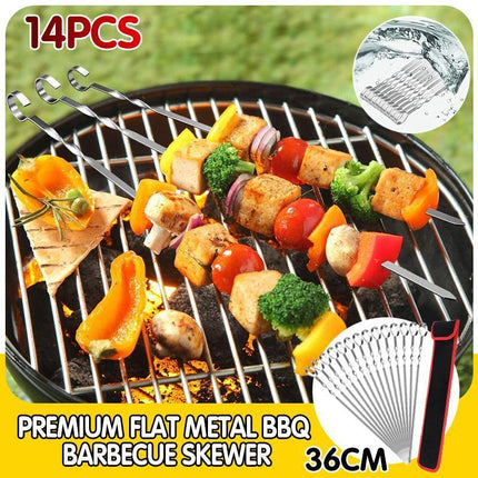 14 Pack Kabob Skewers Premium Flat Metal BBQ Barbecue Skewer Long Stainless - Aimall