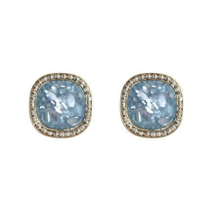 Vintage Green Square Geometric Stud Earrings Crushed Shell Jewelry for Women