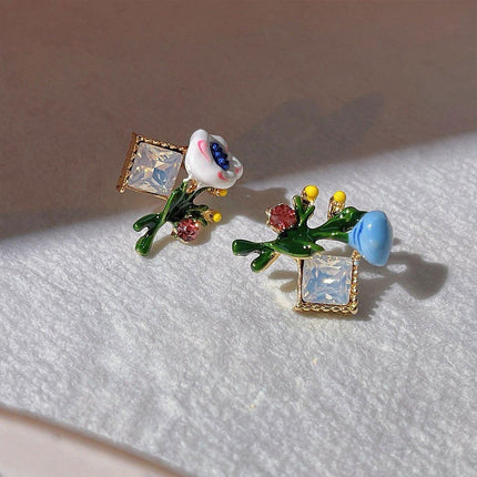 Asymmetric Enamel Flower Earrings for Women Sweet Jewelry Trendy Accessories