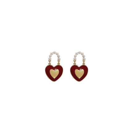 Red Heart Pearl Stud Earrings Fashion Jewelry Elegant Women Accessories