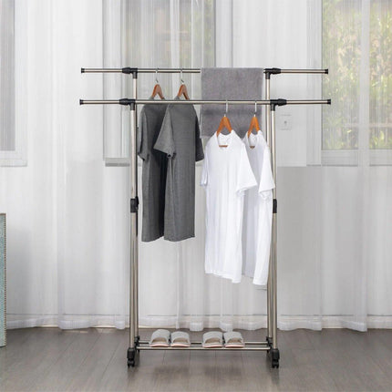 Adjustable Double Clothes Rack Stainless Steel Garment Holder Coat Hanger Stand