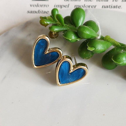 Small Fresh Blue Heart Earrings Retro Fashion Needle Women Jewelry Niche