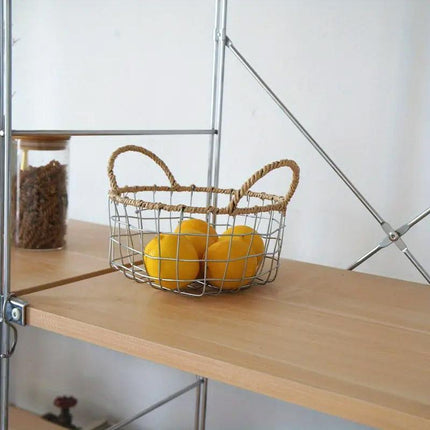 Handcrafted Iron Wire Storage Basket with Paper Rope Handles for Home Organization