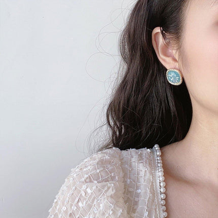 Vintage Green Square Geometric Stud Earrings Crushed Shell Jewelry for Women