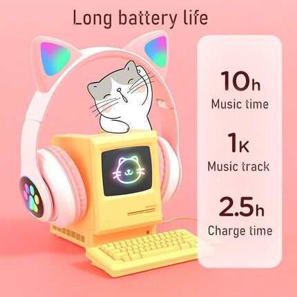 Wireless Headphones Cat Ear Bluetooth Over Ear Kids Headsets Foldable LED Lights - Aimall