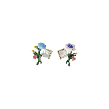 Asymmetric Enamel Flower Earrings for Women Sweet Jewelry Trendy Accessories