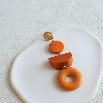 Geometric Wooden Earrings Vintage Simple Colour Block Long Earrings for Women