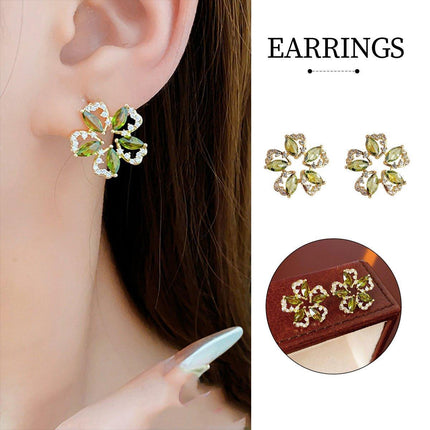 Luxury Olive Green Zircon Flower Earrings Fashion High-end Needle Earrings