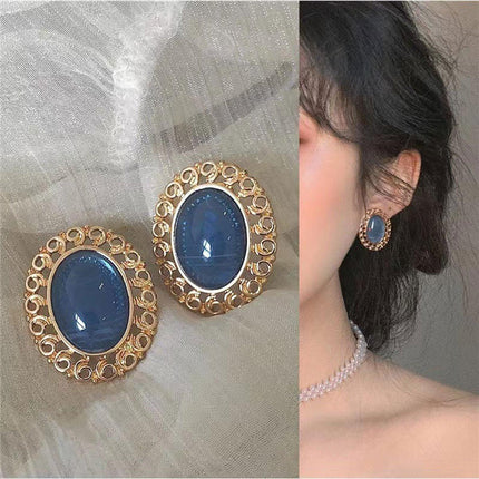 Elegant Blue Oil Drop Oval Earrings Retro Fashion Silver Needle Women Jewelry