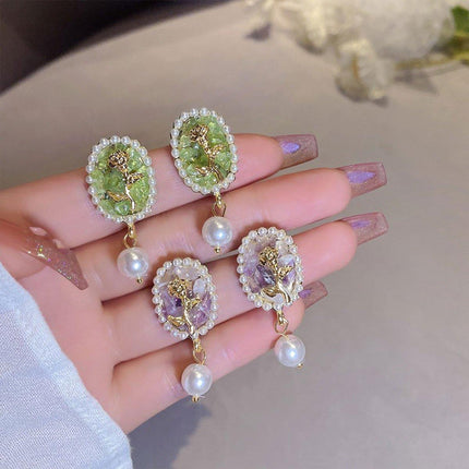 Vintage Rose Flower Earrings Oval Studs Elegant Jewelry for Women and Girls Gift