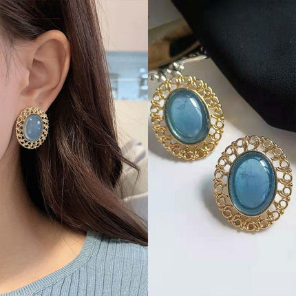 Elegant Blue Oil Drop Oval Earrings Retro Fashion Silver Needle Women Jewelry