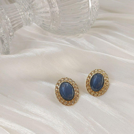 Elegant Blue Oil Drop Oval Earrings Retro Fashion Silver Needle Women Jewelry