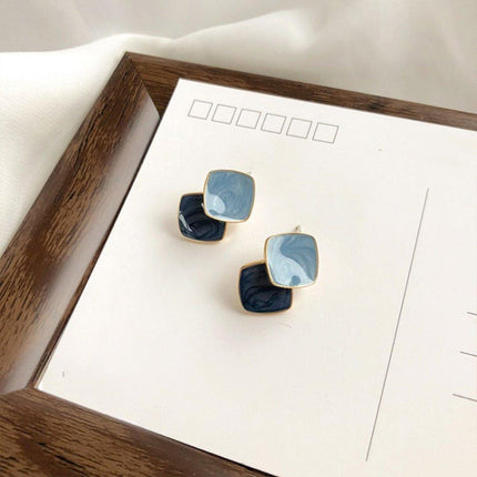 Fashion Blue Oil Drop Earrings Retro Style Black White Contrast Needle Jewellery