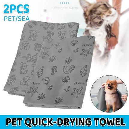 2PCS Quick Dry Absorbent Dog Bath Towels Soft Printed Cat Towel Set Pets