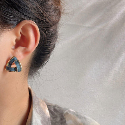 Trendy Blue Triangle Oil Drop Earrings Fashion Retro Silver Needle Jewelry