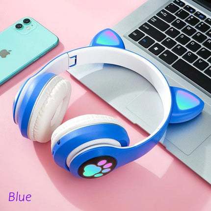 Wireless Headphones Cat Ear Bluetooth Over Ear Kids Headsets Foldable LED Lights - Aimall