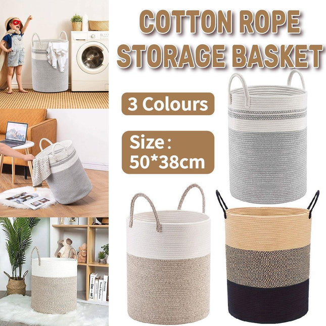 Woven Cotton Rope Storage Basket Foldable Laundry Bin Bamboo Clothes Organizer