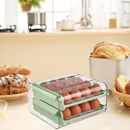 Double Layer Green Egg Storage Carton Drawer Fridge Organizer for Kitchen Use