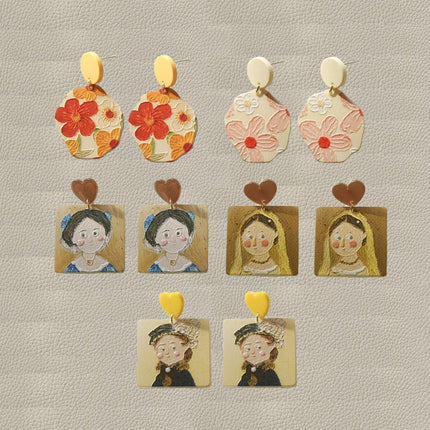 Cute Cartoon Oil Painting Acrylic Earrings Geometric Lace Fashion Jewelry Gift