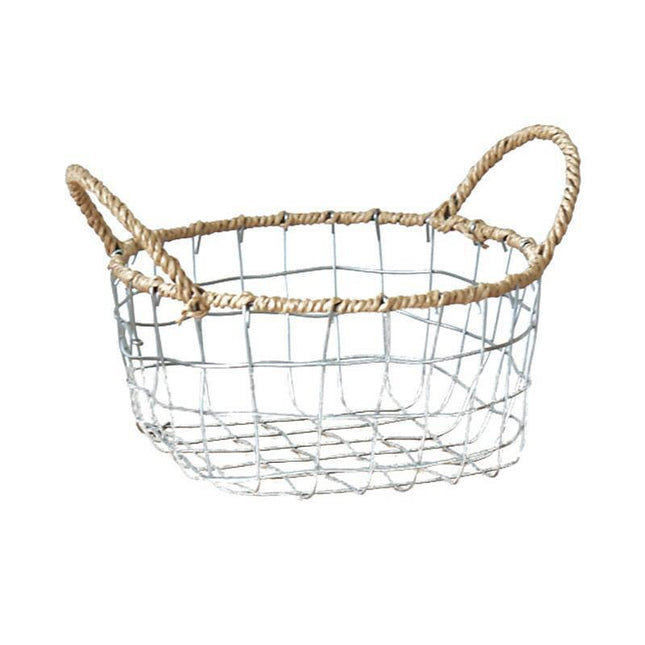 Handcrafted Iron Wire Storage Basket with Paper Rope Handles for Home Organization