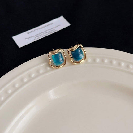Elegant Blue Oil Drop Earrings Fashion Retro Geometric Irregular Silver Needle