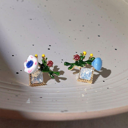 Asymmetric Enamel Flower Earrings for Women Sweet Jewelry Trendy Accessories