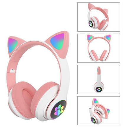 Wireless Headphones Cat Ear Bluetooth Over Ear Kids Headsets Foldable LED Lights - Aimall